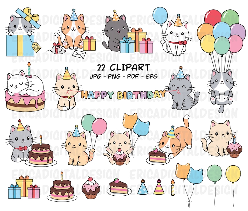 Birthday Cats Clipart Cute Cat Party Clip Art Kawaii Kitten Etsy