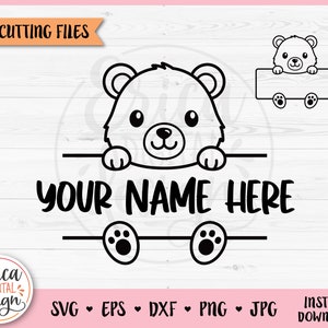 Bär Namensrahmen SVG geschnitten Datei für Cricut Silhouette Split Monogramm Schüler Namensschild Schule Klassenzimmer Label Wald Baby Tier Eisen auf Vinyl