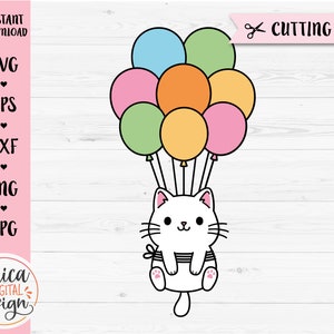 Chat mignon SVG Bébé chat avec ballons fichier coupé en couches pour Cricut Silhouette Drôle de chat clipart PNG Kids Shirt Mignon animal svg Usage commercial