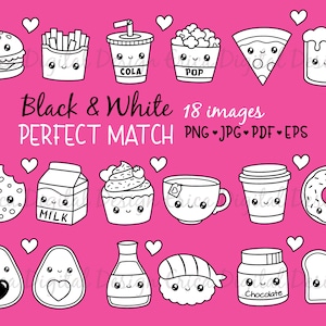 Combinación perfecta kawaii clipart Contorno Negro Blanco Sello Digital Comida linda Amistad Mejor Amigo Amor Planificador de San Valentín pegatinas imprimibles