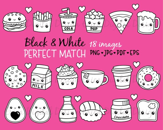 perfect match kawaii clipart outline black white digital stamp etsy