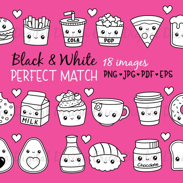 Perfect match kawaii clipart Outline Black White Digital Stamp Cute food Friendship Best Friend Love Valentine Planner printable stickers