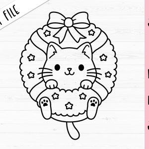Couronne de Noël SVG chat de Noël contour coupe fichier kitty drôle mignon enfants vacances chemise Silhouette Cricut vinyle autocollant bois gravure laser