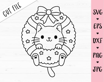 Christmas cat SVG Christmas wreath Outline cut file Cute Funny kitty Kids Holidays shirt Silhouette Cricut Vinyl Decal Wood Laser Engraving