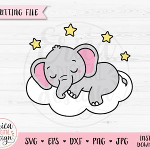 Sleeping Elephant SVG Sweet Elephant Cloud Layered cut file Baby Shower Clipart Boy Girl Bodysuit Silhouette Cricut Vinyl Iron Sublimation