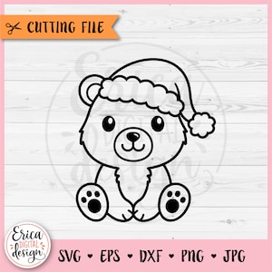 Baby Bär SVG Weihnachten Bär Umriss geschnitten Datei Cricut Silhouette niedlicher Bär mit Nikolausmütze Waldtier Kinder Weihnachten Shirt Aufbügeln
