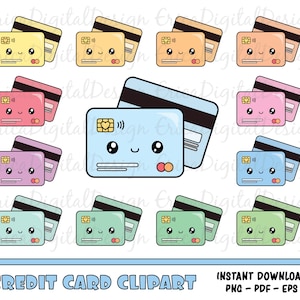 Kawaii carte de crédit clipart ensemble clip financier art Money planning Autocollants planificateur Planner fournit pastel couleurs Graphique Vector