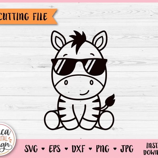 Cute Zebra with Sunglasses Outline SVG cut file for Cricut Silhouette Jungle Safari Zoo Savanna Animal PNG Iron on Vinyl Laser Engraving