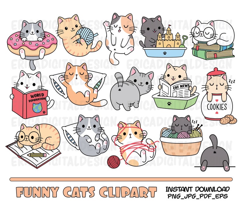 Funny cats clipart Cute cat clip art Kawaii kitten Kitty icons Pet illustrations Printable stickers Planner supplies Vector Commercial use 