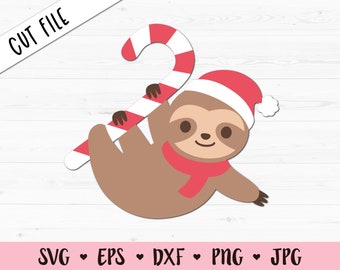 Christmas sloth SVG Hanging sloth cut file Funny sloth Santa hat Candy cane Kawaii animal Cute winter holidays shirt Girl Silhouette Cricut