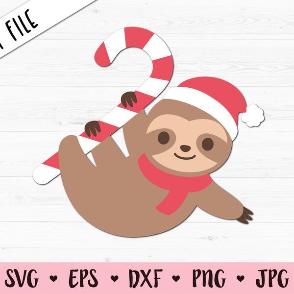 Christmas sloth SVG Hanging sloth cut file Funny sloth Santa hat Candy cane Kawaii animal Cute winter holidays shirt Girl Silhouette Cricut