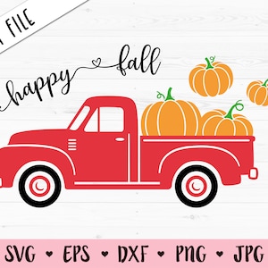 Puede incluir: Una camioneta roja con un corazón blanco y el texto "happy fall" está llena de calabazas naranjas.
