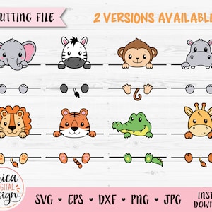 Safari dier naam frame SVG gesneden bestand Cricut Silhouette Split monogram Student naam tag School Klaslokaal label Kids Baby Teacher Jungle Zoo