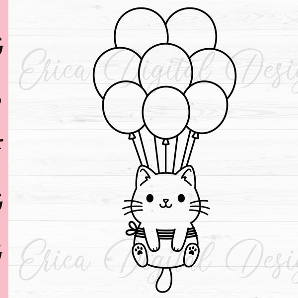 Balloon cat SVG cut file Baby cat with balloons cutting file Cute cat cuttable Outline Silhouette Cricut Kid Shirt Vinyl Decal Digital Stamp