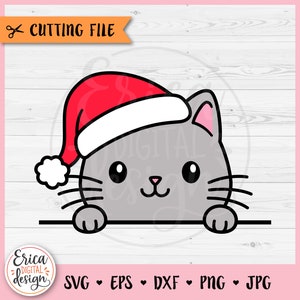 Kerst kat gelaagde SVG gesneden bestand Cricut silhouet schattige kat gezicht met kerstmuts grappige Kitty kat gluren Kids kerstshirt opstrijkbare vinyl