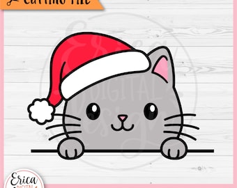 Christmas Cat layered SVG cut file Cricut Silhouette Cute Cat Face with Santa Hat Funny Kitty Cat Peeking Kids Christmas Shirt Iron on Vinyl