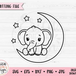 Baby Elephant SVG Sweet Elephant Moon Outline cut file Baby Shower Cute Girl Bodysuit Nursery Silhouette Cricut Vinyl Decal Incisione laser