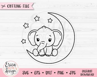 Baby Elephant SVG Sweet Elephant Moon Outline cut file Baby Shower Cute Girl Bodysuit Nursery Silhouette Cricut Vinyl Decal Laser engraving