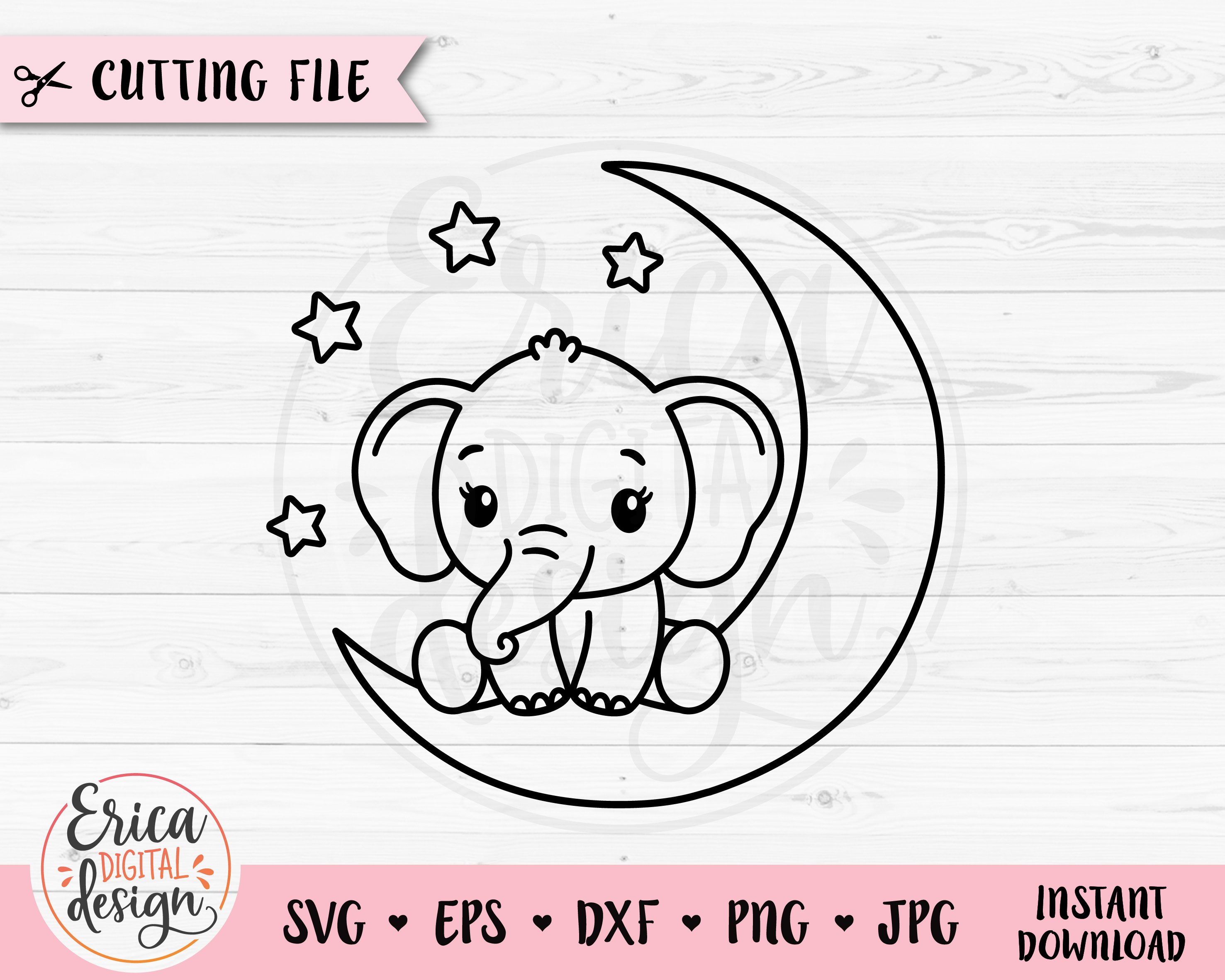 Baby Elephant SVG Sweet Elephant Moon Outline Cut File Baby - Etsy