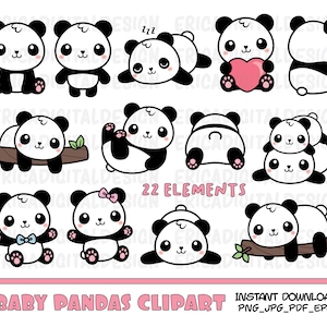 Panda clipart Lindo bebé oso panda Kawaii pandas Divertido animal ilustración digital Imprimible pegatinas Planificador Baby Shower Nursery Kids fiesta