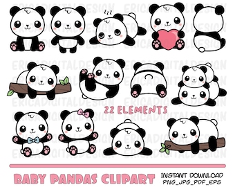 May include: A set of 22 black and white baby panda illustrations. The pandas are in various poses, including sitting, standing, lying down, and holding a heart. The illustrations are perfect for use in scrapbooking, card making, and other craft projects.