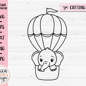 Baby Elephant Outline SVG Elephant hot air balloon cut file Baby Shower Boy Girl Bodysuit Animal Silhouette Cricut Vinyl Laser Engraving