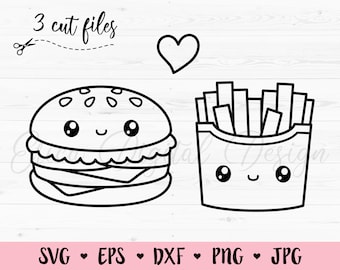 Hamburger & French Fries SVG cut files Kawaii food Perfect Match Friendship Best Friend Love Valentine Silhouette Cricut Vinyl Decal Shirt