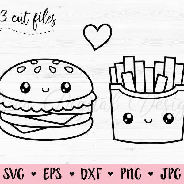 Hamburger & French Fries SVG cut files Kawaii food Perfect Match Friendship Best Friend Love Valentine Silhouette Cricut Vinyl Decal Shirt