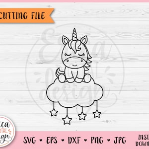 Bebé unicornio contorno SVG archivo de corte para Cricut silueta lindo unicornio en la nube bebé niña camisa body vivero hierro en vinilo grabado láser