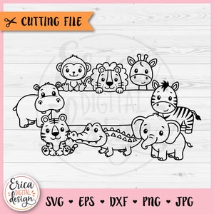 Safari Animales Nombre Marco SVG archivo de corte Cricut Silueta Monograma dividido Nombre del estudiante Etiqueta Escuela Aula Selva Niños Animal Hierro en vinilo