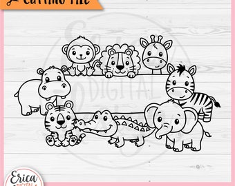 May include: Black and white line art illustration of a group of jungle animals including a monkey, lion, giraffe, hippopotamus, tiger, alligator, zebra, and elephant. The animals are arranged in a circle around a blank banner.