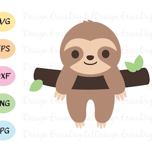 May include: A brown sloth with a black nose and eyes hanging from a brown branch with two green leaves. The sloth has a brown belly and is smiling.
