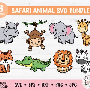 Animales Safari en capas SVG Lindo archivo de corte de animales de la selva africana Cricut Silueta León Tigre Hipopótamo Jirafa Cebra Mono Zoológico Sabana Niños Bebé