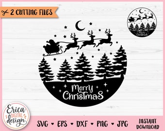 Merry Christmas Round Sign SVG Santa Sleigh cut file Cricut Silhouette Christmas Sleigh Round Door Sign Santa Door Hanger Christmas Scene