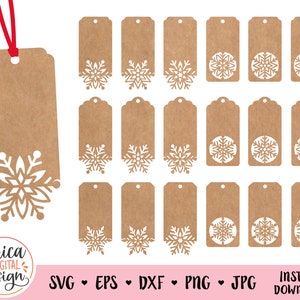 Pacote de etiquetas para presente de Natal Etiquetas de floco de neve Modelo de corte de papel Silhueta Cricut Etiqueta de Natal Férias de inverno Etiqueta de preço decorativa a laser