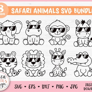 Safari Tiere mit Sonnenbrille SVG Datei Cricut Silhouette niedlich afrikanische Dschungeltier Löwe Tiger Nilpferd Giraffe Zebra Affe Zoo Savanne