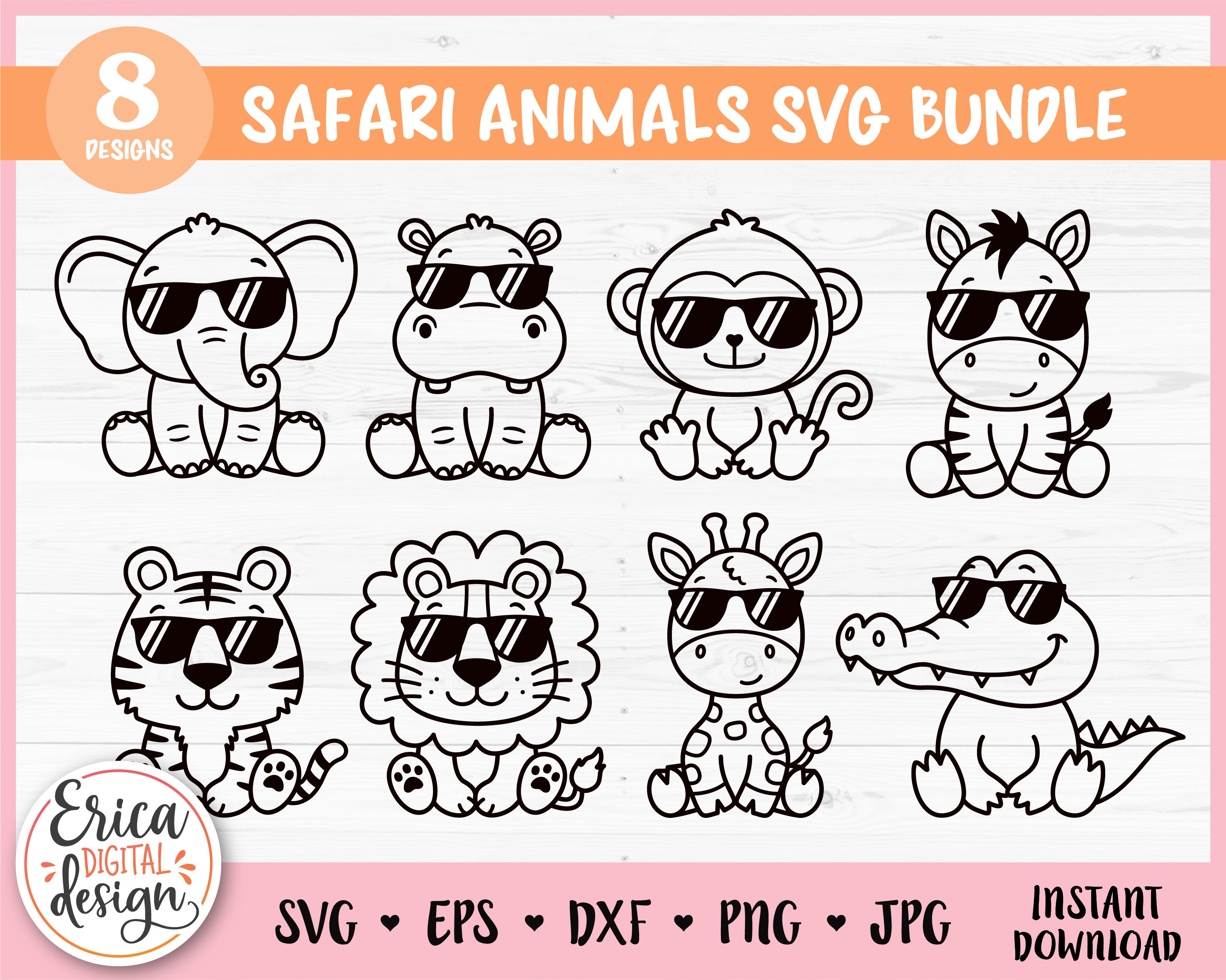 Safari animals with sunglasses SVG cut file Cricut Silhouette Cute african jungle animal Lion Tiger Hippo Giraffe Zebra Monkey Zoo Savanna