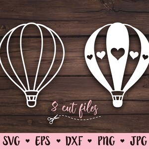 K&ouml;nnte beinhalten: Zwei wei&szlig;e Hei&szlig;luftballon-Schnittdateien, eine mit einem einfachen Design und die andere mit Herzen oben. Der Text "8 Schnittdateien" befindet sich unter den Ballons. Der Text "SVG, EPS, DXF, PNG, JPG" befindet sich unter dem Text "8 Schnittdateien".