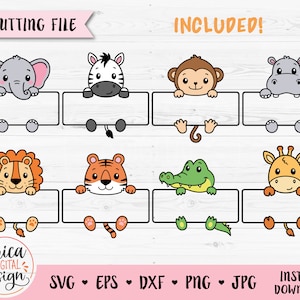 Safari Tier Namen Rahmen SVG Schnittdatei Cricut Silhouette Split Monogramm Student Namensschild Schule Klassenzimmer Label Kinder Baby Lehrer Dschungel Zoo Bild 2