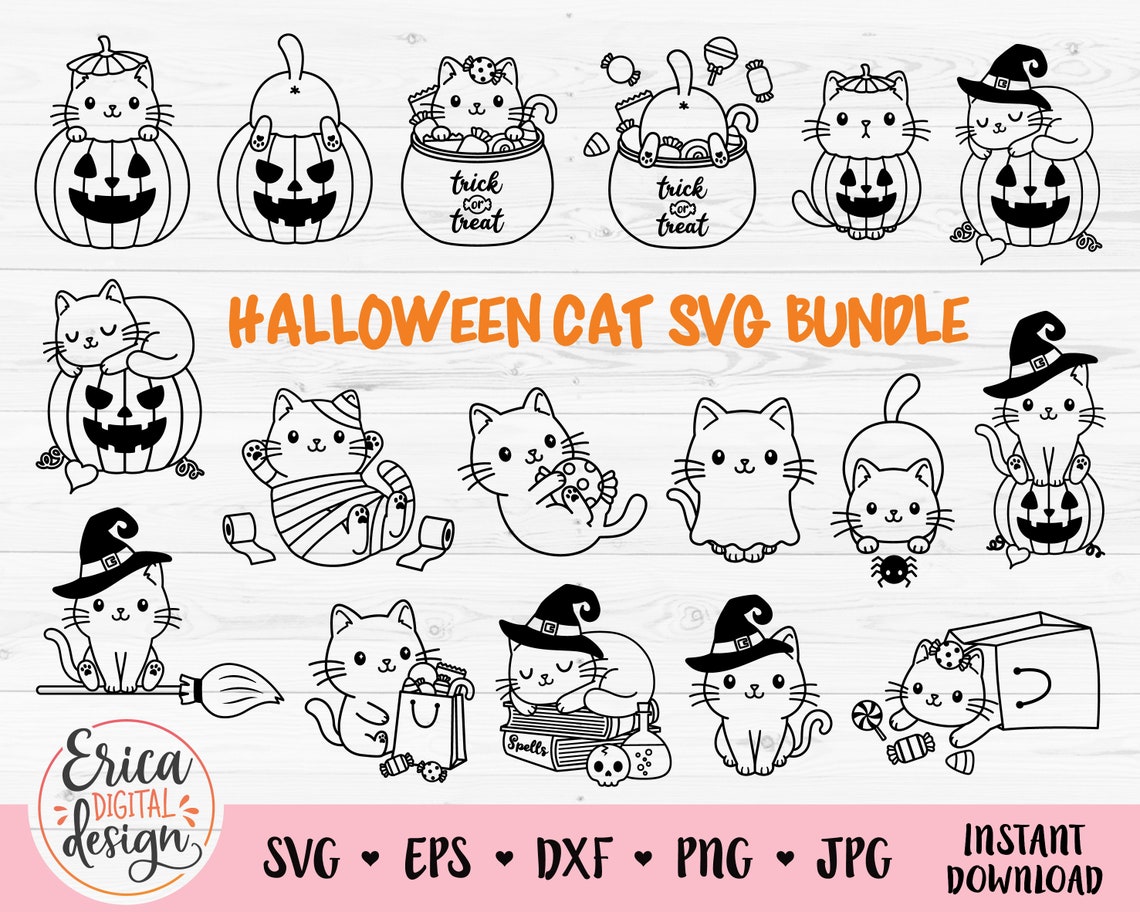 Halloween Cat SVG Bundle Outline Cut Files for Cricut Silhouette Cute ...