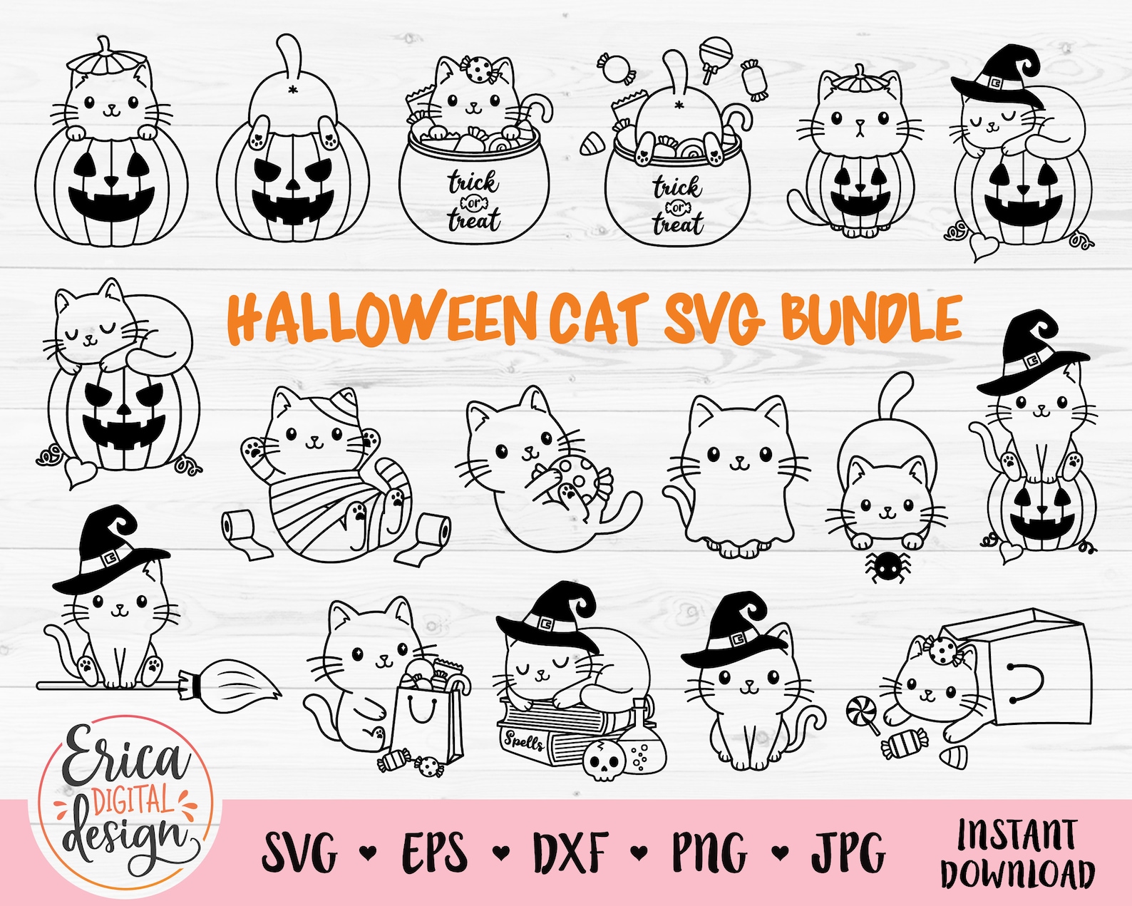 Halloween Cat SVG Bundle Outline Cut Files for Cricut Silhouette Cute ...