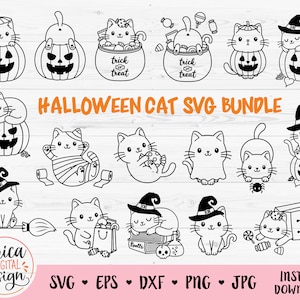 Pacote SVG de gato de Halloween com contorno de arquivos de corte para silhueta Cricut Gato preto de Halloween fofo gato bruxa engraçado gato abóbora outono vinil gravação a laser