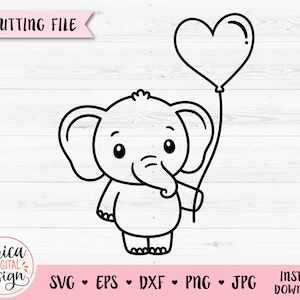 Contour de bébé éléphant SVG Mignon éléphant avec fichier coupé en ballon Baby Shower Garçon Fille Kawaii Animal PNG Silhouette Cricut Vinyle Gravure au laser