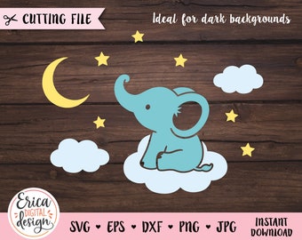 Baby elephant SVG cut file Cute elephant sitting on cloud Baby Shower Boy Girl Shirt Bodysuit Kawaii Animal Silhouette Cricut Vinyl