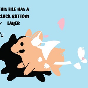 May include: A digital illustration of a layered image of a cartoon dog. The dog is peach, white, and black. The text "This file has a black bottom layer" is in the top left corner of the image.