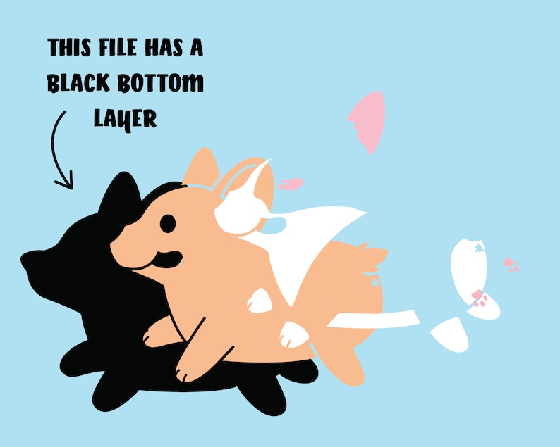 May include: A digital illustration of a layered image of a cartoon dog. The dog is peach, white, and black. The text "This file has a black bottom layer" is in the top left corner of the image.