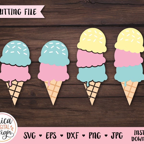 Ice Cream SVG cut file Triple Ice Cream Cone Summer Party Dessert Cute Food clipart Beach Vacation Sweets Kids Shirt Silhouette Cricut Vinyl