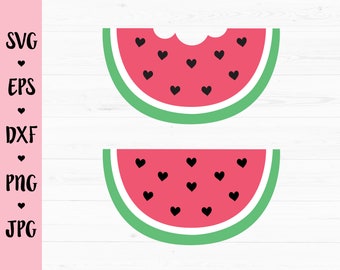May include: Two watermelon slices with black hearts on a white wood background. The top slice has a bite taken out of it.