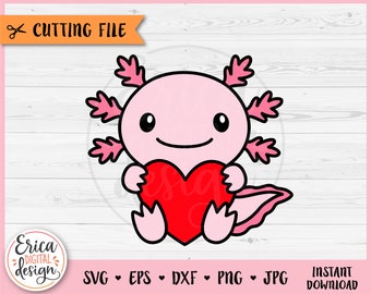 Cute Axolotl Heart layered SVG cut file for Cricut Silhouette Kawaii Underwater Animal Baby Axolotl Clipart PNG Valentine Love Iron on Vinyl
