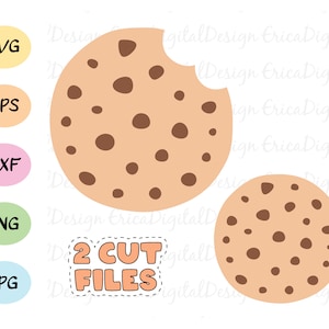 May include: Two digital cut files of a chocolate chip cookie. The cookie is brown with a bite taken out of it. The cookie is on a white background.